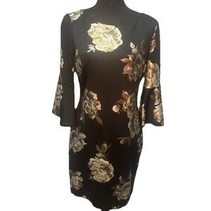 Jessica Howard Dress Women's Black& Metallic Gold Flower Print Midi Zip & Lining